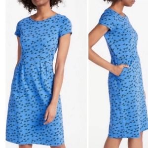 Boden Phoebe Jersey Dress Bird Print Midi Blue SZ 4P